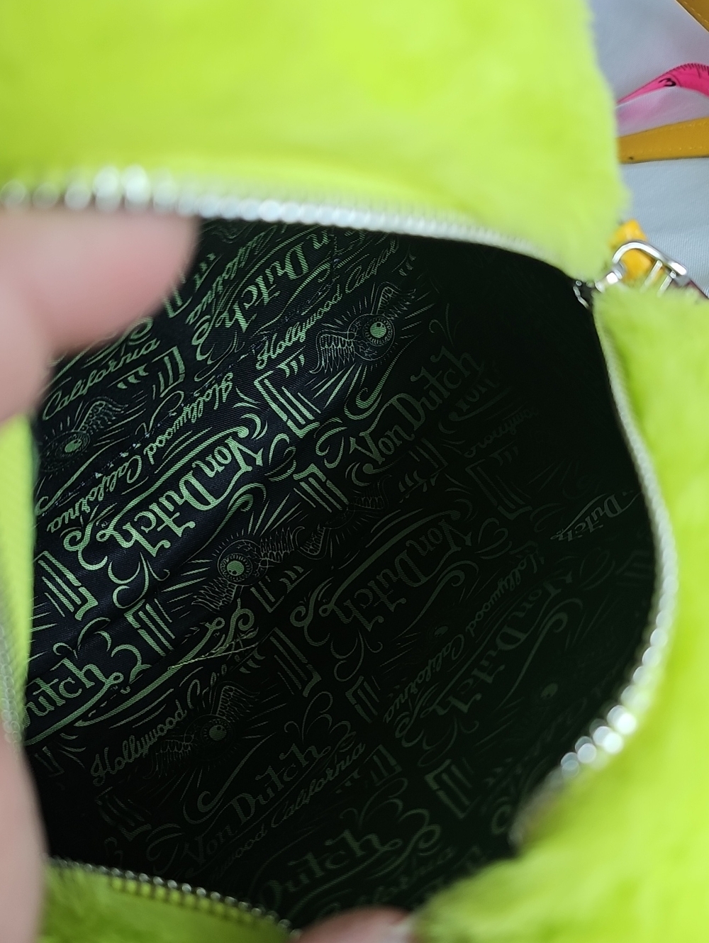 Von Dutch Neon Yellow/green Faux Fur Mini Tote with Golden Yellow Trim - Picture 9 of 12